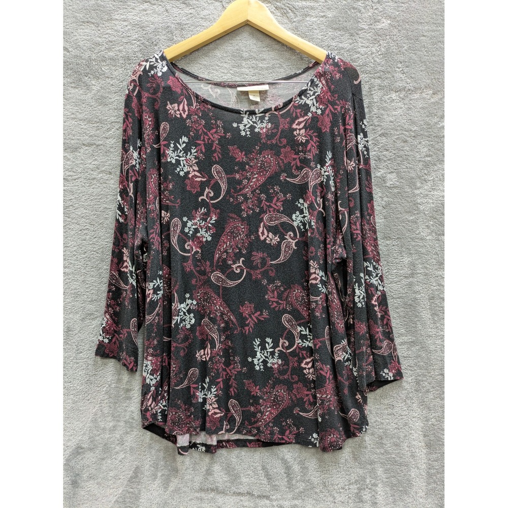 Boho Paisley Floral Blouse Emaline Woman 2X 3/4 Sleeve Scoop Neck Top